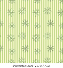 Navidades sin patrón. líneas de rayas de Vertical con copos de nieve verdes patrón de repetición. Vector ilustración gráfica invierno, Fondo de pantalla de fondo de año nuevo para tela, papel e impresiones.
