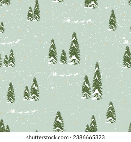 Christmas Seamless pattern,Winter landscape pine tree forest,Santa Claus riding on sky,Cute pattern for celebrating on Christmas Eve,Flat cartoon seamless for Xmas,New Year 2024 concept