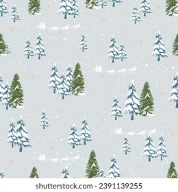 Christmas Seamless pattern,Winter landscape pine tree forest,Santa Claus riding on sky,Cute pattern for celebrating on Christmas Eve,Flat cartoon seamless for Xmas,New Year 2024 concept