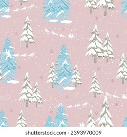 Christmas Seamless pattern,Winter landscape pine tree forest,Santa Claus riding on Pink sky,Sweet Xmas pattern for celebrating on Christmas Eve,Flat cartoon seamless for New Year 2024 concept