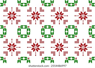 Christmas seamless pixel art pattern with red snowflakes, green wreaths, and heart designs on a white background, ideal for holiday-themed crafts, textiles, wrapping paper, and digital projects