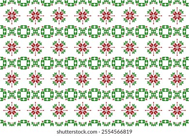 Christmas seamless pixel art pattern with red snowflakes, green wreaths, and heart designs on a white background, ideal for holiday-themed crafts, textiles, wrapping paper, and digital projects