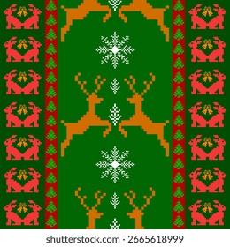 Christmas seamless pixel art pattern with christmas tree, deer, snow, rabbit, house.