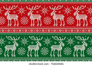 Christmas Seamless Pixel Pattern with with Elks and Snowflakes. Scheme for Cross Stitch Embroidery and Knitted Sweater Pattern Design