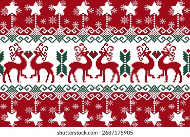 Patrón pixelado inconsútil de las Navidades con el ciervo, los copos de nieve, la estrella en el fondo rojo y blanco bueno para la pared, la tela y el papel de embalaje, decoración del partido. Festival de Navidad