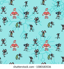 Christmas seamless poster with Santa and animal mice. vector work stock