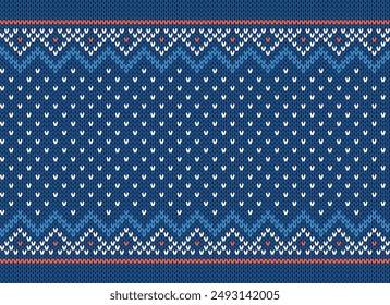 Christmas seamless print. Geometric background. Blue holiday knit traditional Xmas pattern. Knitted sweater texture. Wool pullover ornament. Festive crochet. Vector illustration