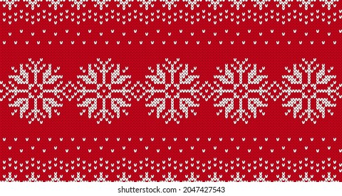 Christmas seamless print. Knit pattern. Knitted red sweater background. Xmas winter geometric texture. Holiday fair isle ornament. Wool textile. Festive traditional crochet. Vector illustration.