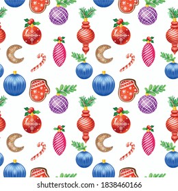 Christmas seamless print. Patterns for packaging, fabrics and patterns. High-quality illustrations for your creativity. Christmas decorations, gingerbread, candy canes, Christmas tree branches, a ging