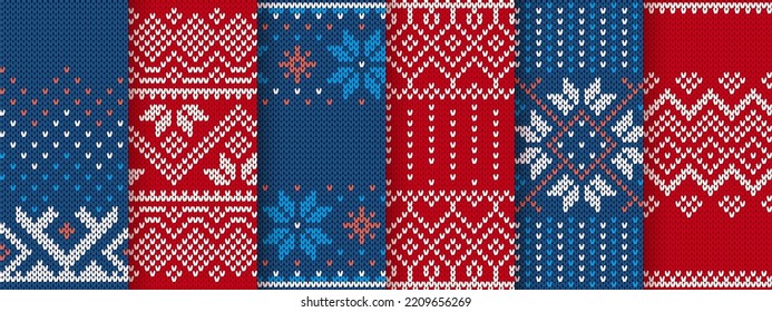 Christmas seamless prints. Six knitted patterns. Set of red and blue knit sweater textures. Fair isle traditional geometric background. Holiday winter ornament. Vector illustration