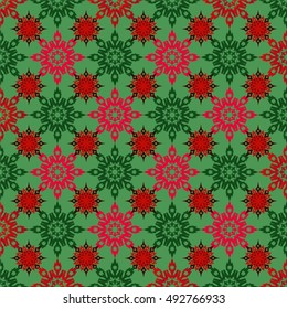 Christmas seamless red background with red and green snowflakes wallpaper