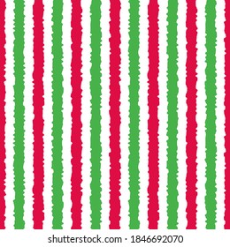 Christmas seamless red, green and white stripes pattern, vector illustration. Striped pattern with rough vertical lines. Christmas background for scrapbook, print and web