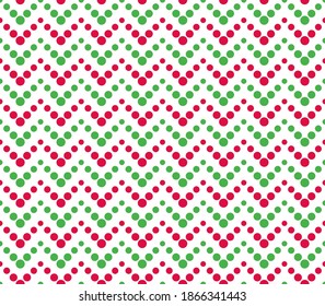 Christmas seamless red, green and white zigzag pattern, vector illustration. Chevron zigzag pattern with colorful lines from dots. Christmas background for scrapbook, print and web