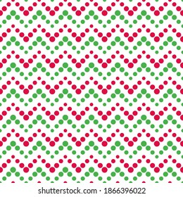 Christmas seamless red, green and white zigzag pattern, vector illustration. Chevron zigzag pattern with colorful lines from dots. Christmas background for scrapbook, print and web