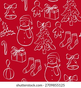 Natal padrão vermelho sem costura com doodle mão desenhado elementos