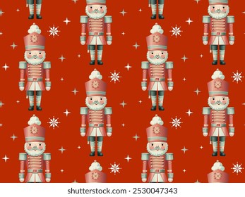 Christmas seamless red pattern with Nutcracker. Merry Christmas, New Year wrapping paper, wallpaper, ornament, vector illustration. 