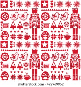 Christmas seamless red pattern with nutcracker - folk art style 