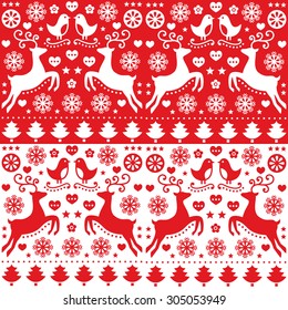 Christmas seamless red pattern with reindeer - folk style