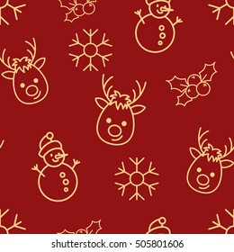 Christmas seamless red pattern with simple yellow icons. Snowman, snowflake, deer and holly berry.