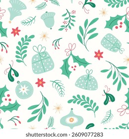 Christmas seamless repeat pattern of green foliage, red berries, wrapped gifts and baubles. Cute and fun modern winter holiday vector design.Seasonal yuletide illustration.