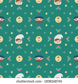 Christmas seamless repeat pattern. Olentzero and Mari Domingi. Great for kawaii wallpaper, backgrounds, invitations, fabric, packaging design projects. Surface pattern design.