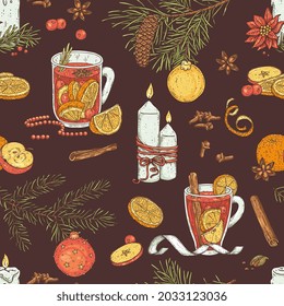 Christmas seamless repeatable pattern with glasses of mulled wine and fir branches, hand drawn vector illustration on dark background. Winter endless texture design.