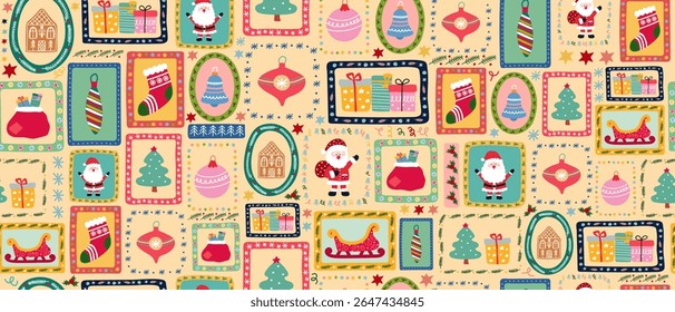 Natal padrão retro sem costura com Papai Noel, caixa de presente, casa de gengibre, meia, sinos e trenó. Tema da temporada de férias de inverno. Vetor.