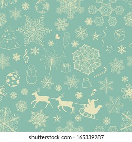 Christmas seamless retro pattern with snowflakes and xmas symbols
