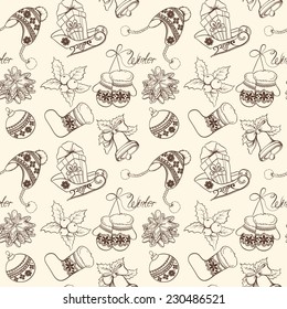 Christmas seamless retro pattern. Vector hand drawn illustration.