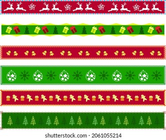 Weihnachtsnahtloses Bandmuster mit zusätzlichen Weihnachtsdekorationen: Schneemann, Weihnachtsbälle, Weihnachtsbäume. Vektorgrafiken in Rot- und Goldtönen.