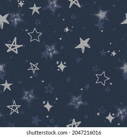 Christmas seamless silver star pattern with beige, grey colors and texture silver foil. Seamless pattern with stars on blue background. Vector illustration.