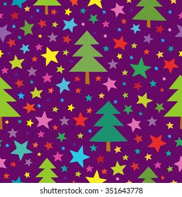Christmas seamless simple pattern with colorful stars and christmas trees. Seamless pattern can be used for wallpapers, textile,surface textures.