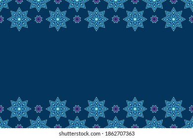 Christmas seamless snowflakes border pattern. Repeating geometric shapes. New Year card illustration. Holiday design. Winter. Vector color background.