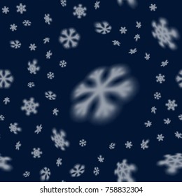 Christmas seamless snowflakes pattern with blurred far falling snow stars for Christmas cards, covers, wallpapers and tiled snowflake backgrounds