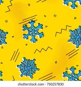 Christmas seamless snowflakes pattern with memphis design print styled snow stars for holiday ornaments, corporate greeting prints and xmas greeting cards