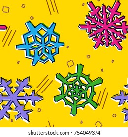 Christmas seamless snowflakes pattern with memphis design print styled snow stars for holiday ornaments, corporate greeting prints and xmas greeting cards