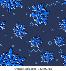 Christmas seamless snowflakes pattern with memphis design print styled snow stars for holiday ornaments, corporate greeting prints and xmas greeting cards