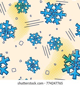 Christmas seamless snowflakes pattern with memphis design print styled snow stars for holiday ornaments, corporate greeting prints and xmas greeting cards