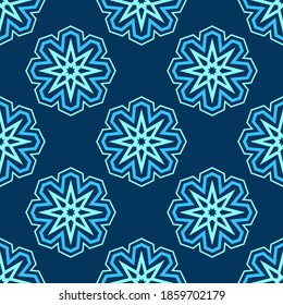 Christmas seamless snowflakes pattern. Repeating geometric shapes. New Year card illustration. Holiday design. Winter. Vector color background.