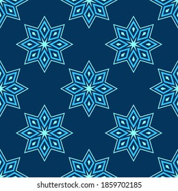 Patrón de copos de nieve sin costuras de Navidad. Formas geométricas repetitivas. Ilustración de la tarjeta de Año Nuevo. Diseño de vacaciones. Invierno. Fondo de color del vector.