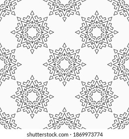Christmas seamless snowflakes pattern. Repeating geometric shapes. New Year card illustration. Holiday design. Winter. Vector monochrome background.