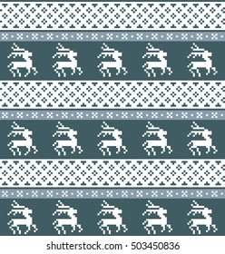 Christmas seamless square pattern with deer, snowflake and  strips. White pixel images with dark and light blue background. Ideal for wrapping paper.