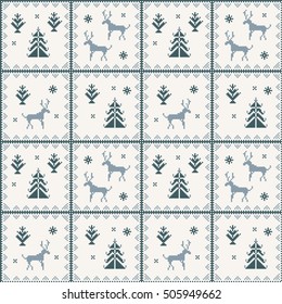 Christmas seamless square pattern with deer, snowflake, tree and strips. White pixel images with light and dark blue background. Ideal for wrapping paper.