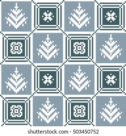 Christmas seamless square pattern with snowflake, tree and diagonal strips. White pixel images with dark and light blue background. Ideal for wrapping paper.