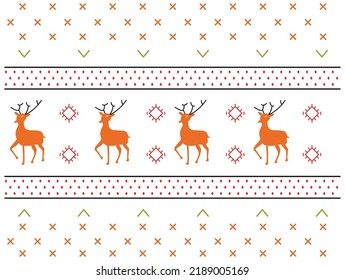 Weihnachtsnahtloses Streifenmuster. Skandinavisches Dekor - Hirsch, Schneeflocken und Baum. Nordisches traditionelles Ornament. Blaues Pixelbild mit weißem Hintergrund. Raster-JPG-Datei.