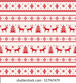 Christmas seamless strip pattern. Scandinavian folk decor - deer, snow flake and tree. Nordic ornament. Red pixel image with light background. Vector eps file.
