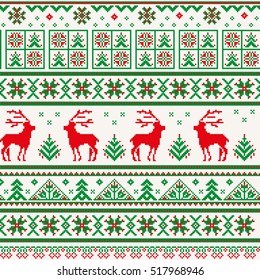 Christmas seamless strip pattern. Scandinavian folk decor - deer, snow flake and tree. Nordic ornament. Red and green pixel image with light background. Vector eps file.