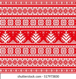 Christmas seamless strip pattern. Scandinavian folk decor - snow flake and tree. Nordic ornament. White pixel image with red background. Vector eps file.