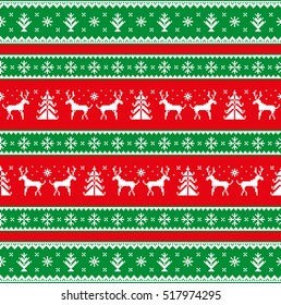 Christmas seamless strip pattern. Scandinavian folk decor - deer, snow flake and tree. Nordic ornament. White pixel image with red and green background. Vector eps file.