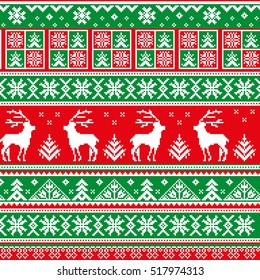 Christmas seamless strip pattern. Scandinavian folk decor - deer, snow flake and tree. Nordic ornament. White pixel image with red and green background. Vector eps file.